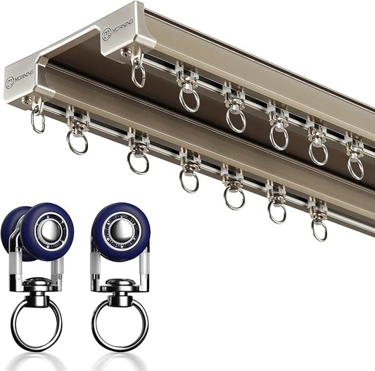 Double Row Ceiling Curtain Track - Double Rails for Curtains, Drapes, Room Dividers - Ceiling Mounted Curtain Track System - Sliding Curtain Rail (Champagne, 2M)