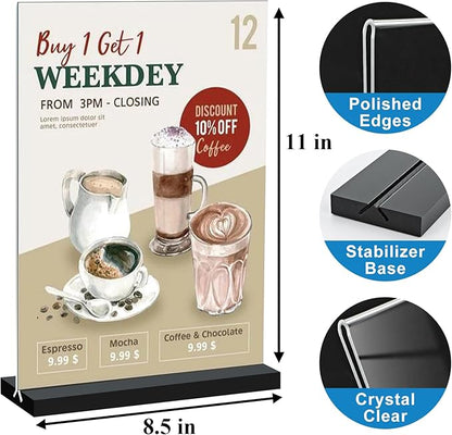 Seencool 8.5x11 Acrylic Sign Holder Vertical Double-Sided Tabletop Sign Holder with Black Base, Plastic Picture Frame Paper Holder, Clear Menu Display Stand for Office Restaurant Store Home 8 Pack