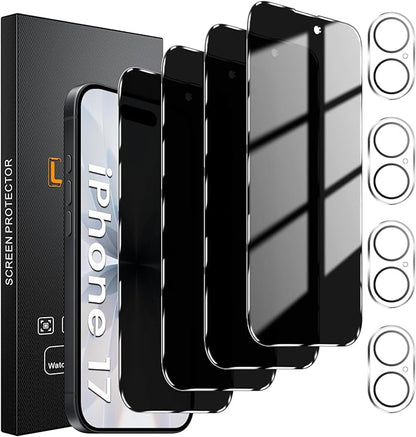 4 Pack Privacy Screen Protector for iPhone 17 6.3-Inch with 4 Pack Camera Lens Protector, Anti Spy Tempered Glass Film 9H Hardness Bubble Free Case Friendly