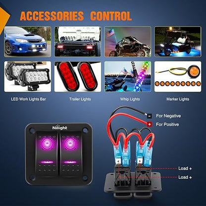 Nilight 2 Gang Rocker Switch Panel with Purple LED Light 5 Pin On Off Pre-Wired Aluminum Toggle Switches Waterproof for 12V/24V Cars Marine Boats ATVs Trailers RV Trucks