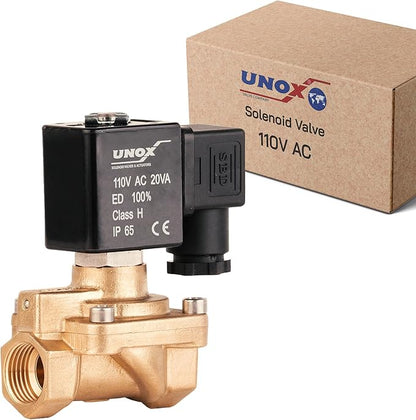 UNOX 1/2" NPT Solenoid Valve 110V AC, Brass Control Valve Normally Closed - 7-232 PSI Multi-Purpose Reliable Control Valve for Water, Air, and Gas - Solenoid Valves