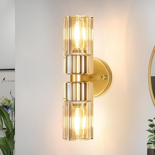 Gold Wall Sconce, Modern Bathroom Sconces Wall Lighting Vanity Light Fixtures with Clear Crystal, Hardwired Brushed Brass Wall Mount Lights for Living Room Corridor Mirror Bedroom Stairs