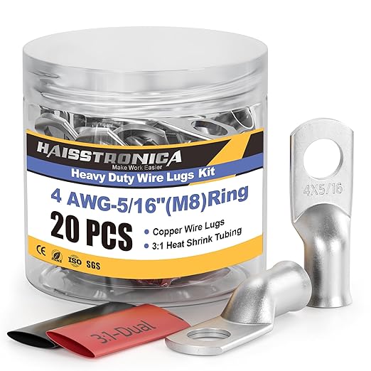 haisstronica 10pcs 4 AWG - 5/16" (M8) Tinned Copper Battery Lugs, Heavy Duty Copper Wire Lugs with 10pcs 3:1 Adhesive Heat Shrink Tubing, 4 Gauge Wire Lugs, Tinned Copper Battery Cable Ends