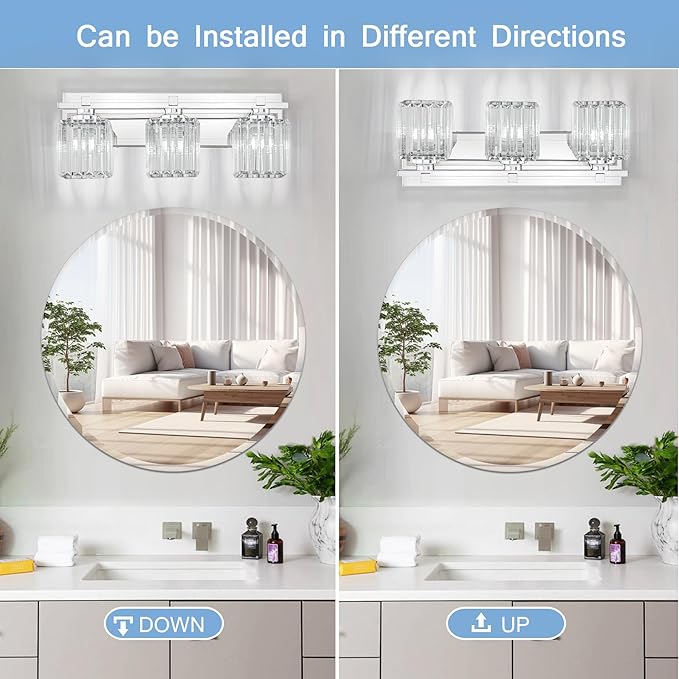 Crystal Bathroom Light Fixtures, 3 Light Chrome Vanity Lighting Over Mirror with Crystal Shades, Modern Bathroom Vanity Light for Restroom, Bath, Cabinet and Powder Room
