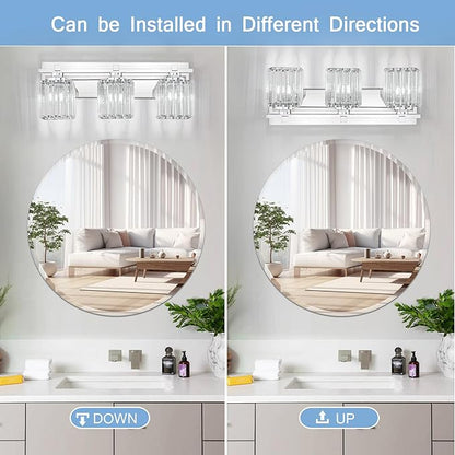 Crystal Bathroom Light Fixtures, 3 Light Chrome Vanity Lighting Over Mirror with Crystal Shades, Modern Bathroom Vanity Light for Restroom, Bath, Cabinet and Powder Room