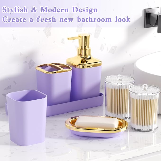 Bathroom Set - Purple and Gold Bathroom Accessories, Bathroom Sets with Shower Curtain and Rugs, Purple Shower Curtain Set with Bathroom Trash Can, Soap Dispenser, Soap Dish for Home Decor
