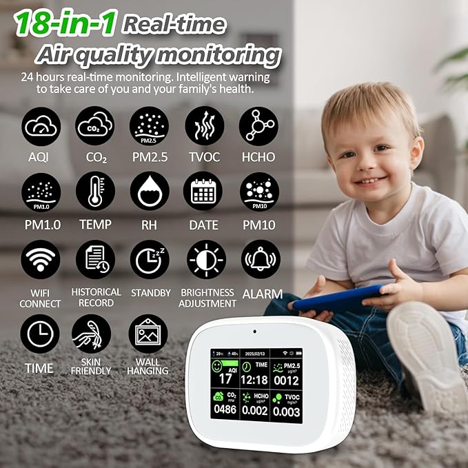 18-in-1 Smart Air Quality Monitor - Indoor WiFi Air Quality Detector with Dual Chip, Real-Time for AQI, CO2, PM2.5, PM1.0, PM10, TVOC, HCHO, Time Display, Temperature & Humidity (White-Black)