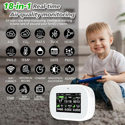 18-in-1 Smart Air Quality Monitor - Indoor WiFi Air Quality Detector with Dual Chip, Real-Time for AQI, CO2, PM2.5, PM1.0, PM10, TVOC, HCHO, Time Display, Temperature & Humidity (White-Black)