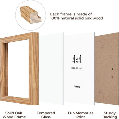 4x4 Picture Frames, 4 x 4 Photo Frames with Stand, Solid Oak Wood 4 by 4 Frame, 4x4 Picture Frame for Wall, Rustic Wood Frame 4"x4" with Real Glass, 4 by 4 Frames Set of 4, Natural Oak Color