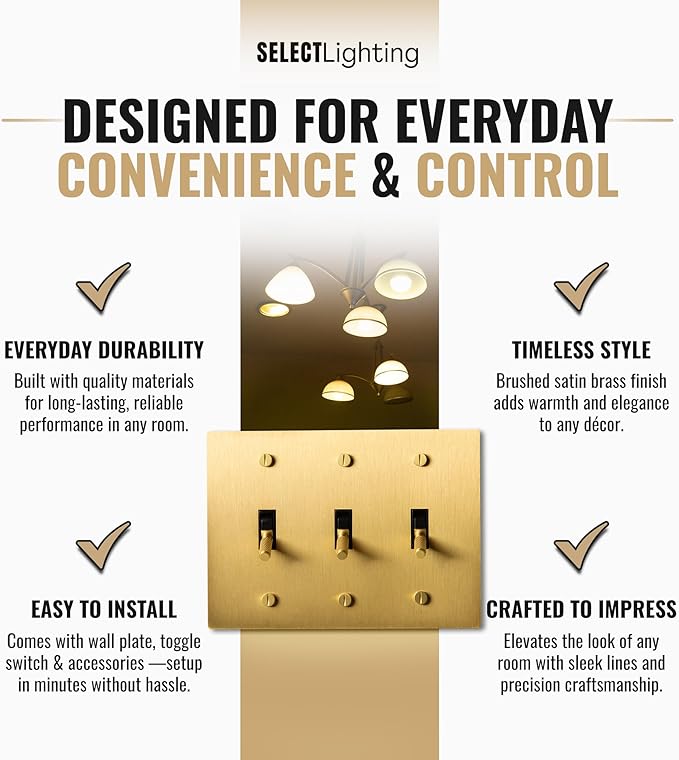 3-Gang Satin Solid Brass Plated Toggle Switch, 15A 120V AC Wall Mount, 3-Way Compatible Vintage Style Single Pole with Faceplate & Switch Module