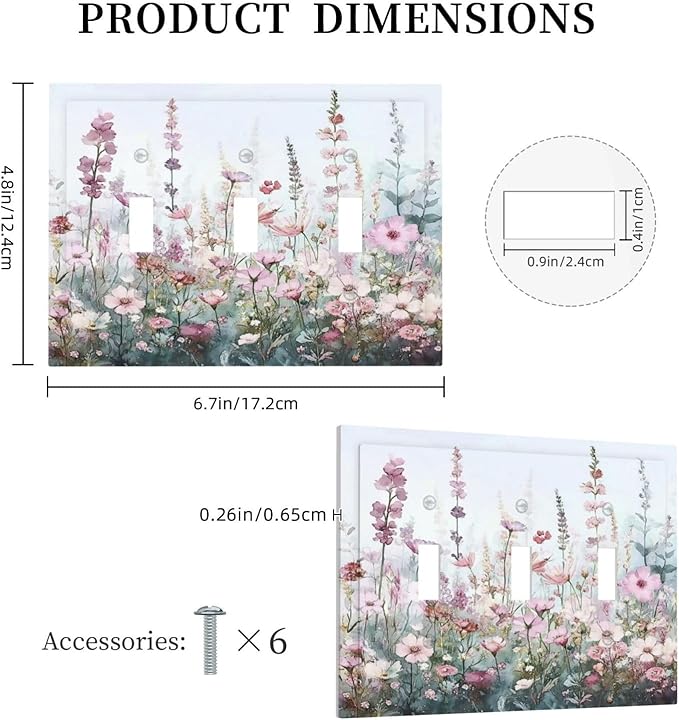 Pink Floral Watercolor Botanical Wildflowers Decorative Switch Plates 3 Gang Wall Plate Triple Toggle Light Switch Cover Faceplate Electrical Wall Panels For Bed Room Living Room Decor