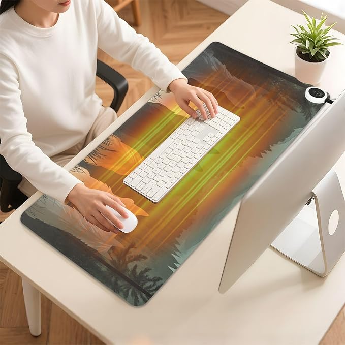 Heated Desk Pad Mouse Pad 31.5x13 Inch PU Leather Desk Mat with 3 Heat Levels Large Mouse Gaming Computer Laptop Mat Cute Wolves Back and Green Mountain