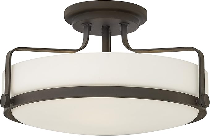 Hinkley Harper 3643OZ Large Semi-Flush Ceiling Light - Sleek, Retro Style - Oil Rubbed Bronze + Etched Opal Glass