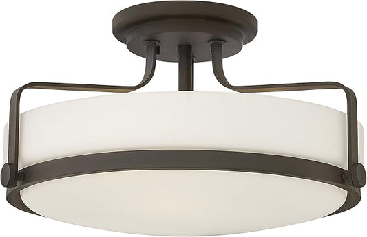 Hinkley Harper 3643OZ Large Semi-Flush Ceiling Light - Sleek, Retro Style - Oil Rubbed Bronze + Etched Opal Glass