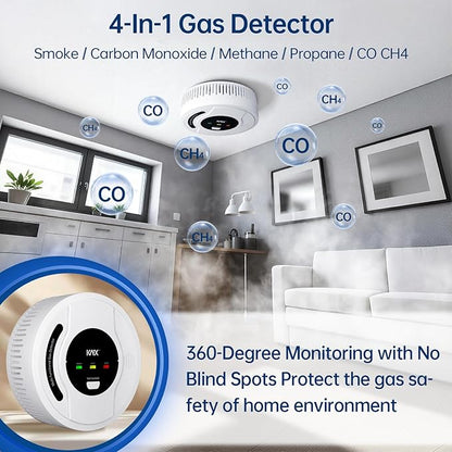 4-in-1 Carbon Monoxide Detectors, Smoke Detector, Natural Gas Detector, Propane Detector, CH4/LPG/Smoke and Carbon Monoxide Detector,Battery Powered,LED Indicator,Natural Gas Leak Detector for Home,RV