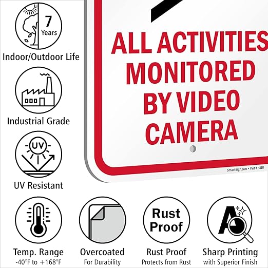 SmartSign 18 x 12 inch “Notice - All Activities Monitored By Video Camera” Metal Sign, 120 mil Aluminum Composite (ACM), Engineer Grade Reflective Material, Red, Black and White, Made in USA