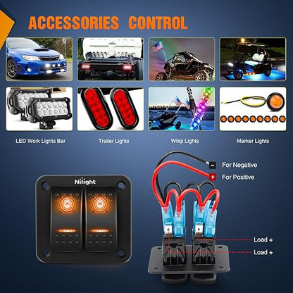 Nilight 2 Gang Rocker Switch Panel with Orange LED Light 5 Pin On Off Pre-Wired Aluminum Toggle Switches Waterproof for 12V/24V Cars Marine Boats ATVs Trailers RV Trucks