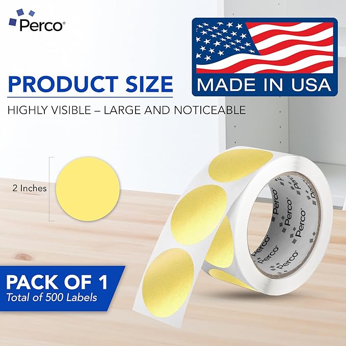 Perco Gold 2-Inch Round Circle Dot Sticker Labels with Permanent Adhesive for Wedding Invitations - 500 Labels per Roll - Vibrant Colors, Strong Adhesion - Made in USA