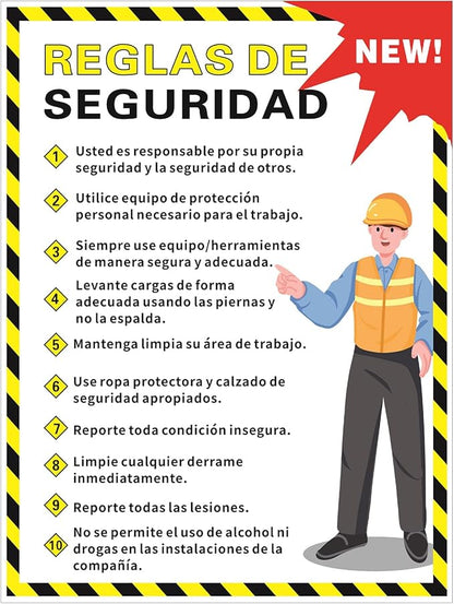 Spanish Workplace Safety Rules Poster 18" x 24" Industrial Safety Sign Security Poster for Employees Factories, Warehouses, Office Construction Sites Waterproof Tear Resistant