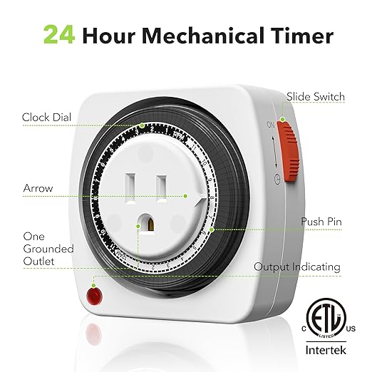 BN-LINK Outlet Timer Indoor, 24-Hour Heavy Duty Mechanical Light Timer with 15-Minute Intervals, 3 Prong Plug Outlet for Aquariums, Grow Lights, Indoor Lighting, Home Appliances, ETL Listed, 2-Pack