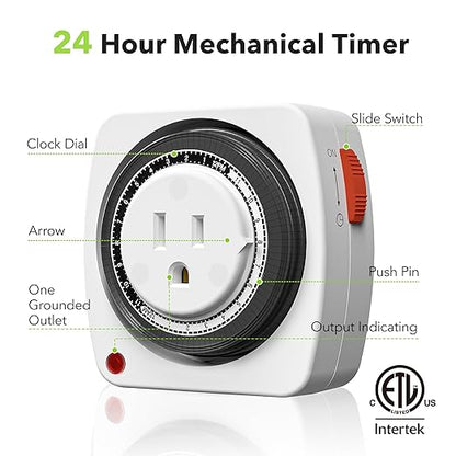 BN-LINK 24-Hour Plug-in Mechanical Timer, Heavy Duty Outlet Timer Indoor with 15-Minute Intervals, 3-Prong Plug for Aquariums, Grow Lights, Hydroponics, Indoor Lighting, ETL Listed, 1-Pack