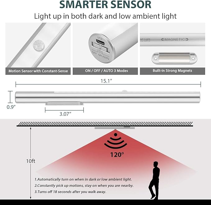 Under Cabinet Lights Motion Sensor Light Indoor, Battery Powered LED Lights, 4500mAh USB C Rechargeable Under Cabinet Lighting Wireless, 6000K Cool White, 180 Days Battery Time (2 Pack)
