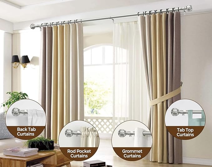 KAMANINA 1 Inch Extra Long Curtain Rod 140 to 195 Inches Silver Heavy Duty Curtain Rods for Windows 120 to 170 Inch, Adjustable Drapery Rods with Netted Texture Finials