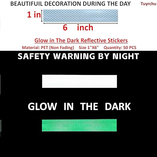 Glow in The Dark Reflective Stickers 1 inch X 6 inch for Truckskes, Warning Strong Safety Adhesive Reflective Strips (50 Pcs)
