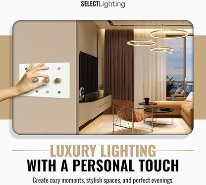 SELECT White Brass Dimmer Light Switch, 1 Way Rotary Dimmer, 4 Gang TRIAC/Leading Edge Dimmable LED Light Switch, 15A 120V AC with Brass Knob, Faceplate & Dimming Module, UL Listed