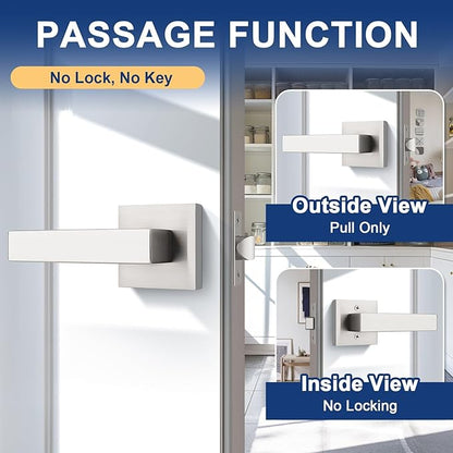 KNOBWELL 6 Pack Brushed Nickel Interior Door Knob, Heavy Duty Passage Lever Door Handle for Closet Hallway Satin Nickel Indoor Door Handle(No Lock)
