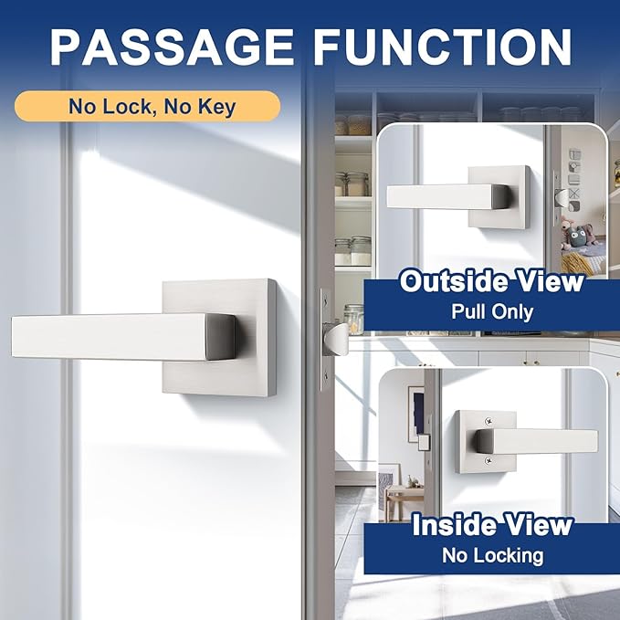 KNOBWELL 2 Pack Brushed Nickel Door Handle, Passage Door Knob Interior Closet Door Handle Without Lock and Key, Reversible for Left and Right(No Lock)