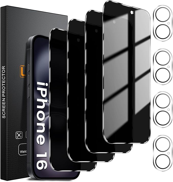 4+4 Pack Privacy Screen Protector for iPhone 16 6.1-Inch with 4 Pack Camera Lens Protector, Anti Spy Tempered Glass Film 9H Hardness Case Friendly