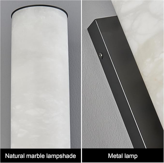 LMQNINE Natural Alabaster Wall Sconces Spanish Marble Wall Light Cylinder Modern Black LED Sconce for Living Room Bedroom Bathroom Stairs（L-1Pack）