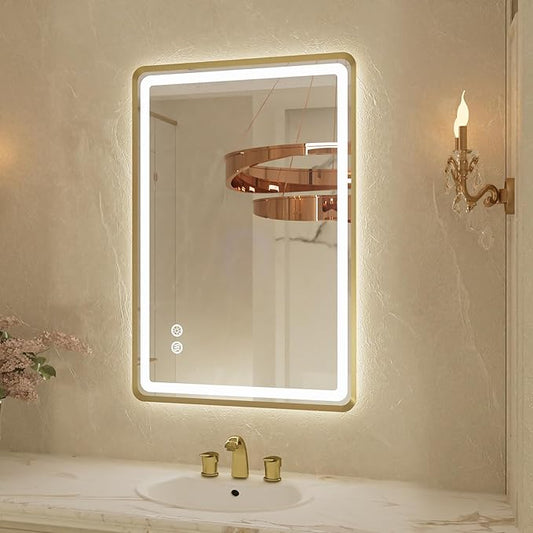 20"x 28" Gold Framed LED Mirrors for Bathroom, Wall Mounted Lighted Bathroom Vanity Mirror, Front and Backlight, Stepless Dimmable, 3 Colors, Anti-Fog, Memory, Smart Touch Button