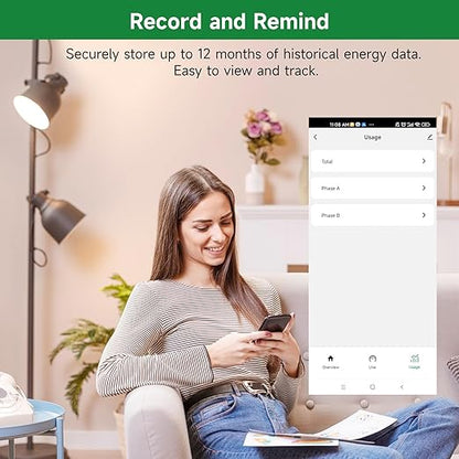 WiFi Energy Monitor with 2 * 120A Clamps, Real-Time Electricity Tracking, Smart Home Power Management,WiFi Meter Solar/Net Metering, Home Energy Automation and Control