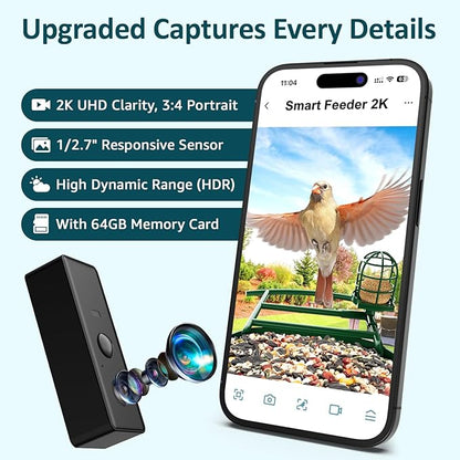 BIRDLEGEND-BL03 2L Large Bird Feeder with Camera Solar Powered, 2K Clarity 3:4 Portrait Free AI Identify Arrival Alerts with 64GB Card Smart Cameras Birds Feeders Wireless Outdoor Gift for Bird Lover