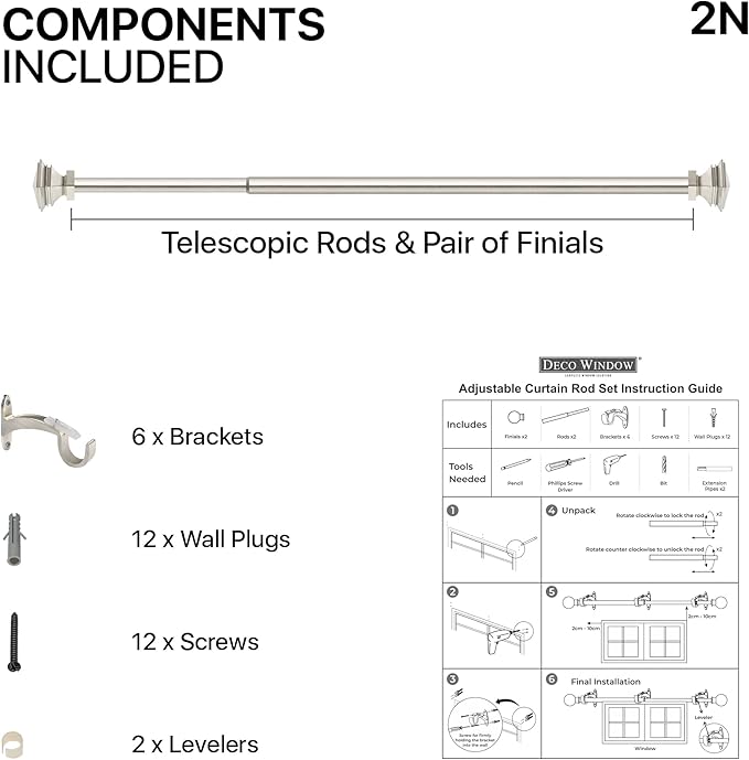 Deco Window 2 Pcs 36"-66" Extendable Curtain Rod for Door & Windows Adjustable Iron Telescopic Drapery Bar with Stacked Square Finials (1" Diameter, Satin Silver)