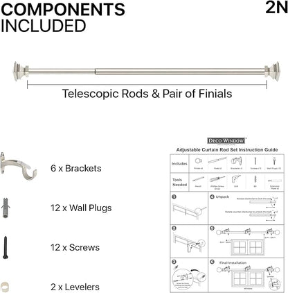 Deco Window 2 Pcs 36"-66" Extendable Curtain Rod for Door & Windows Adjustable Iron Telescopic Drapery Bar with Stacked Square Finials (1" Diameter, Satin Silver)