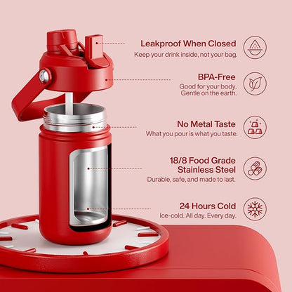 Kids Insualated Water Bottle with Straw - 12oz Stainless Steel Water Bottle with Dual Spouts, Leak-Proof, BPA-Free, Double Wall Vacuum Keeps Cold for 24 Hours for Sports, Travel (Medium Carmine)
