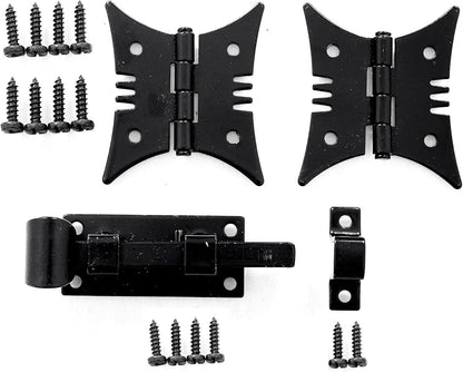 The Rustic Express, Speak-Easy Door Latch and Decorative Hinge Kit Includes 1 Speak-Easy Latch, 2 Butterfly Hinges and 12 Black mounting Screws, Size (Latch 3-1/4” x 1” x 1” Hinge 2” x 2-3/8”)