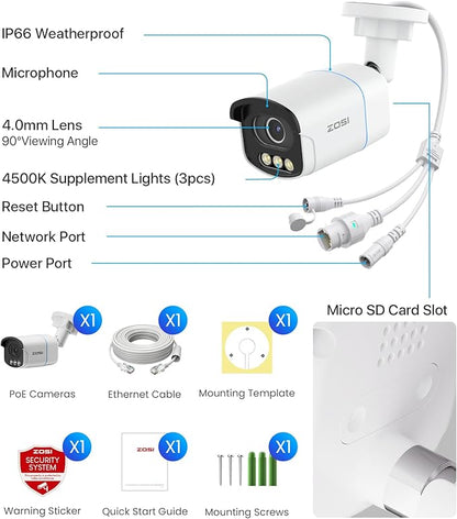 ZOSI C186 5MP 3K Aurora Lux True Color Night Vision PoE IP Security Camera, Smart Person/Vehicle Alerts for Outdoor Indoor Surveillance, Light & Siren Alarms, Two-Way Talk, with Our NVR or PoE Switch