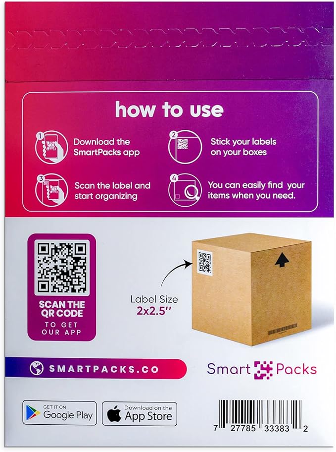SmartPacks QR Stickers - Premium Smart Labels for Storage Bins | Advanced Pack and Track Labels with QR Code for Inventory, Storage, Moving | 48 Stickers