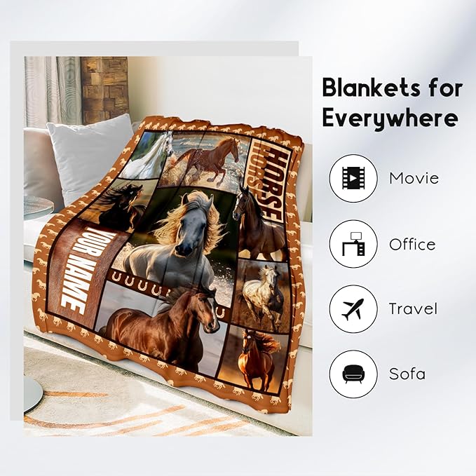Custom Girls Blanket, Personalized Horse Gifts for Girl Ages 8-12 10-12, 40"x50" Kids Throw Blankets for Adults Women, Cowgirl Room Decor Western Throws for Animal Lovers