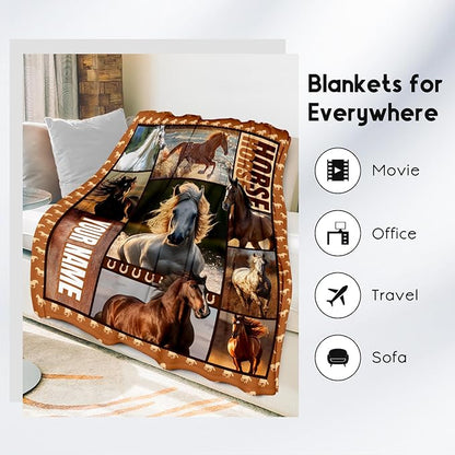 Custom Girls Blanket, Personalized Horse Gifts for Girl Ages 8-12 10-12, 40"x50" Kids Throw Blankets for Adults Women, Cowgirl Room Decor Western Throws for Animal Lovers