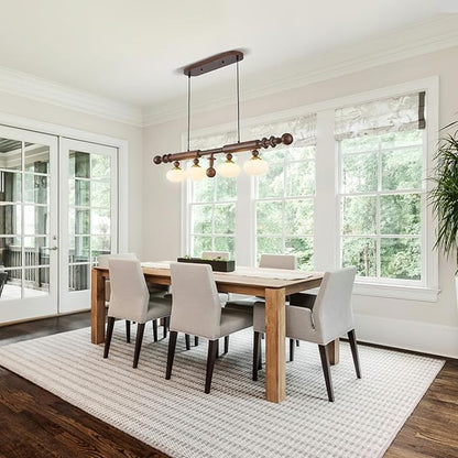 Wood and Globe Linear Chandelier Wooden Farmhouse Dining Room Light Fixture Rustic 4-Light Linear Kitchen Island Lighting Mid Century Modern Globe Hanging Pendant Light with Milk Glass Lampshade