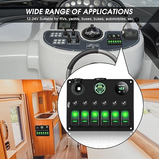 MKING 6 Gang Marine Switch Panel - Waterproof Rocker Switches with USB & Type-C Charger, Circuit Breaker, Digital Voltmeter, and Power Socket, Compatible with 12V-24V Vehicles