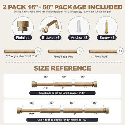 2 Pack Weathered Wood Grain Curtain Rods for Windows 28 to 48 Inches 1" Diameter Heavy Duty Window Curtain Rod Adjustable with Solid Finials for Living Room Bedroom Kitchen Farmhouse Outdoor