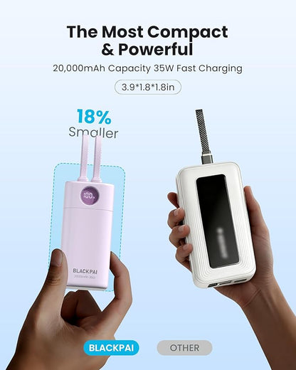 Portable Power Bank 20,000mAh, PD 35W Portable Charger Super Fast Charging with 2 Built-in Cables, USB-C Digital Display Battery Pack for iPhone Air 17/16/15/14/13, Portable Travel Charger