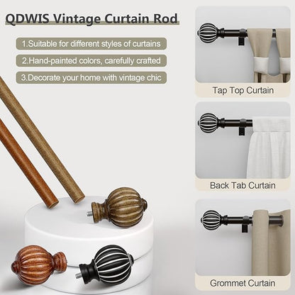 2 Pack Black Curtain Rods for Windows 48 to 84 Inch, 1'' Adjustable Heavy Duty Curtain Rod，Vintage Decorative Drapery Rods with Pumpkin Finials for Bedroom Living Room