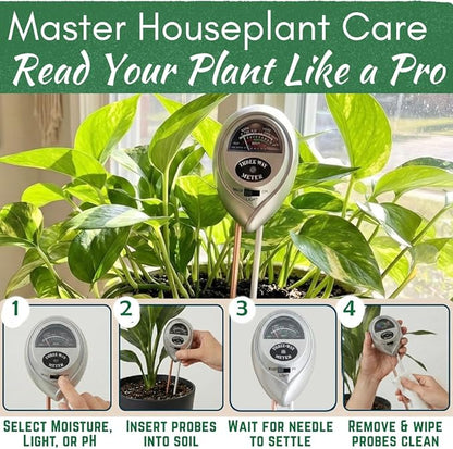 Houseplant Health Meter – 3-in-1 Tool to Prevent Overwatering, Root Rot & Leaf Burn | Test Soil Moisture, Sunlight & pH | Simple, Easy, Battery-Free | Suitable for Indoor, Outdoor & Potted Plants